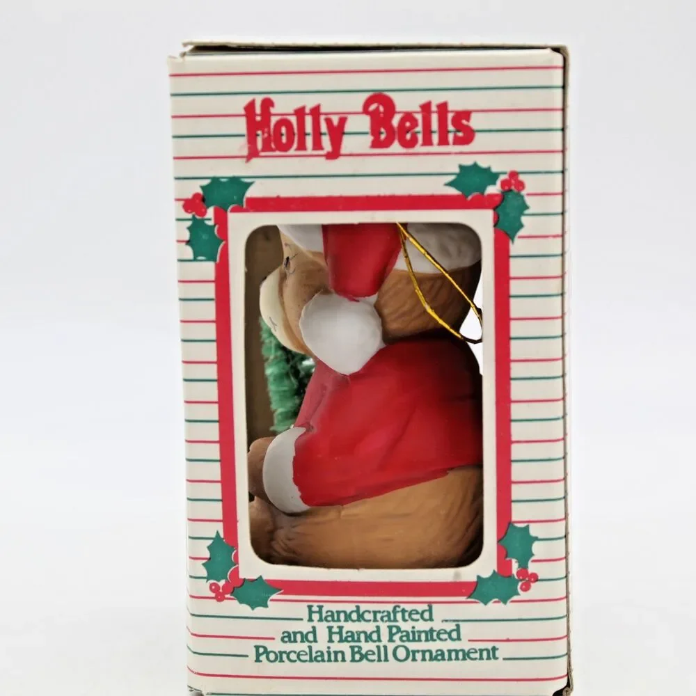 Holly Bells Porcelain Teddy Bear Bell Ornament Vintage 1986 Original Box a